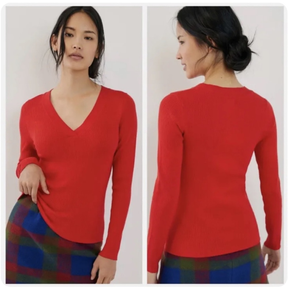 ANTHROPOLOGIE Maeve Ribbed Thea V-Neck Sweater Red Small Tight Knit